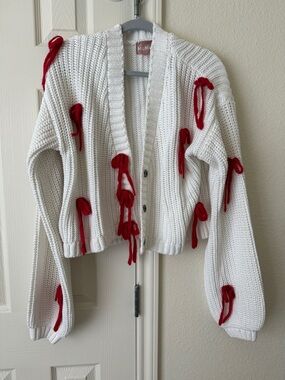 MuMu Knit Cardigan with Red Ribbon Accents